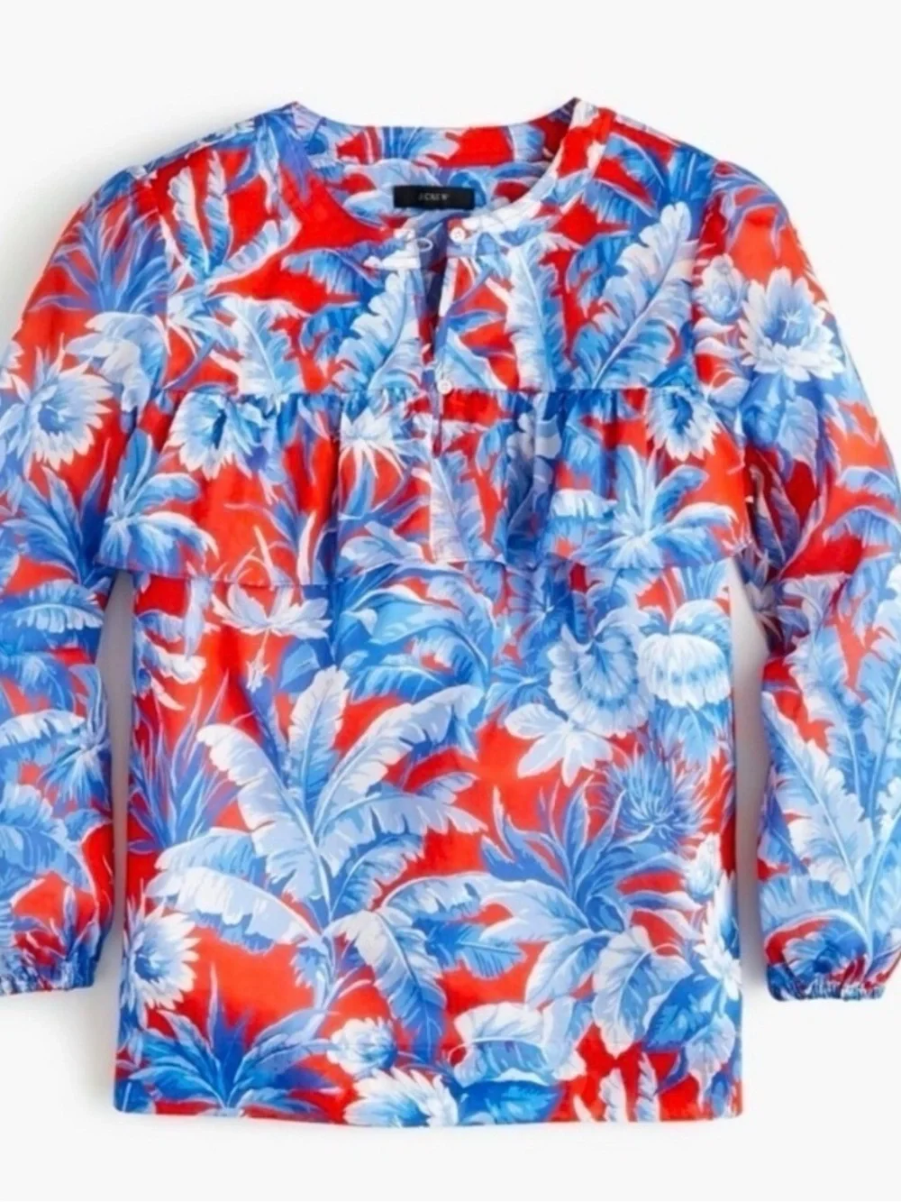 J.Crew Tropical Floral Ruffle Blouse XS 100% Cotton Red Blue Lightweight Boho